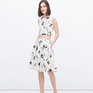 Zara White Floral Crop Top, Midi Skirt Set